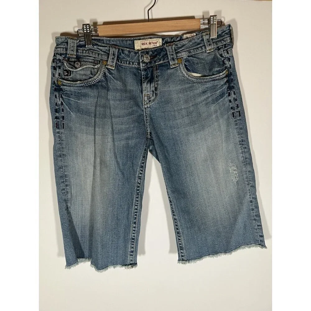 Vintage Y2K Mek Denim cut-off denim long shorts sz 31 stitching distressed